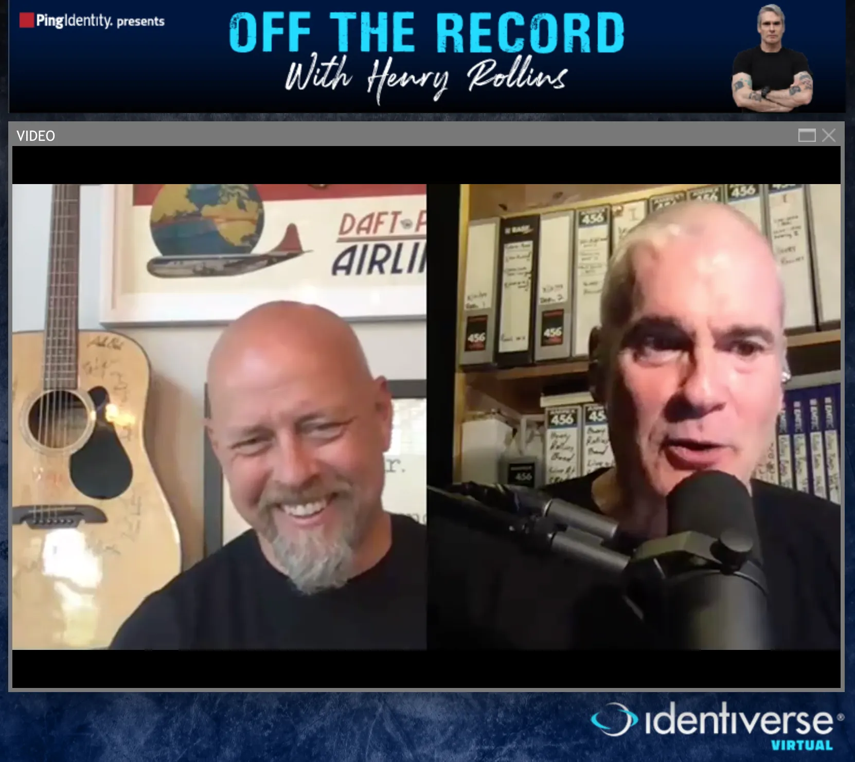 A split-screen video call: Richard Bird laughing on the left in front of a signed acoustic guitar, Henry Rollins speaking into a microphone on the right in front of shelves of tape boxes, under an Off the Record with Henry Rollins title card